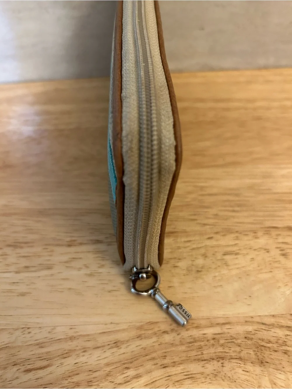 Fossil Teal and Tan Zip Wallet with Herringbone Accent